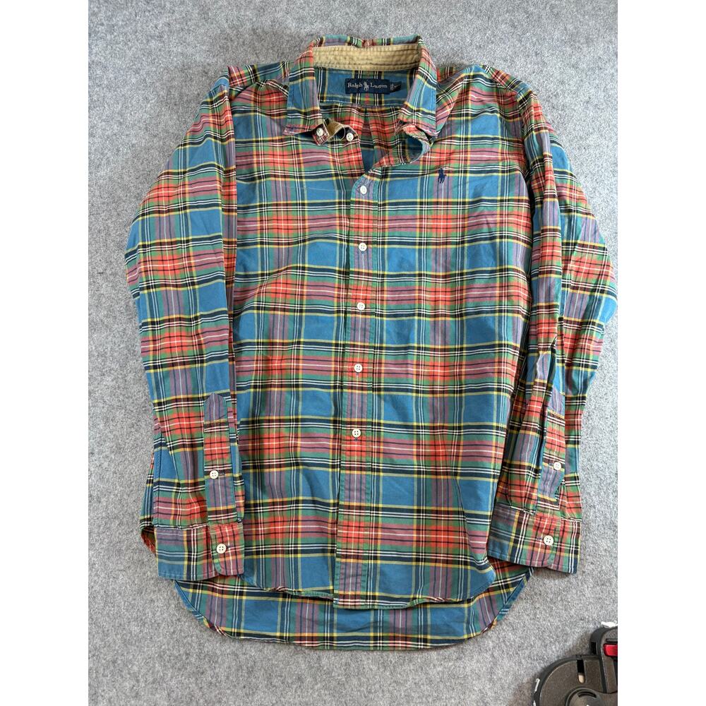 Ralph Lauren Button Up Shirt Mens Medium Blue Plaid Long Sleeve Retro Preppy
